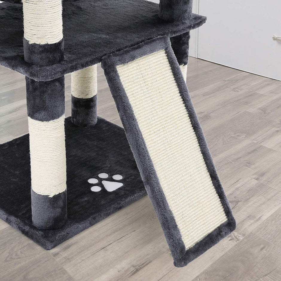 Cat Tree – Wood – Smoky Grey – 3 Viewing Perches, 2 Cuddly Caves, Thick Sisal Posts