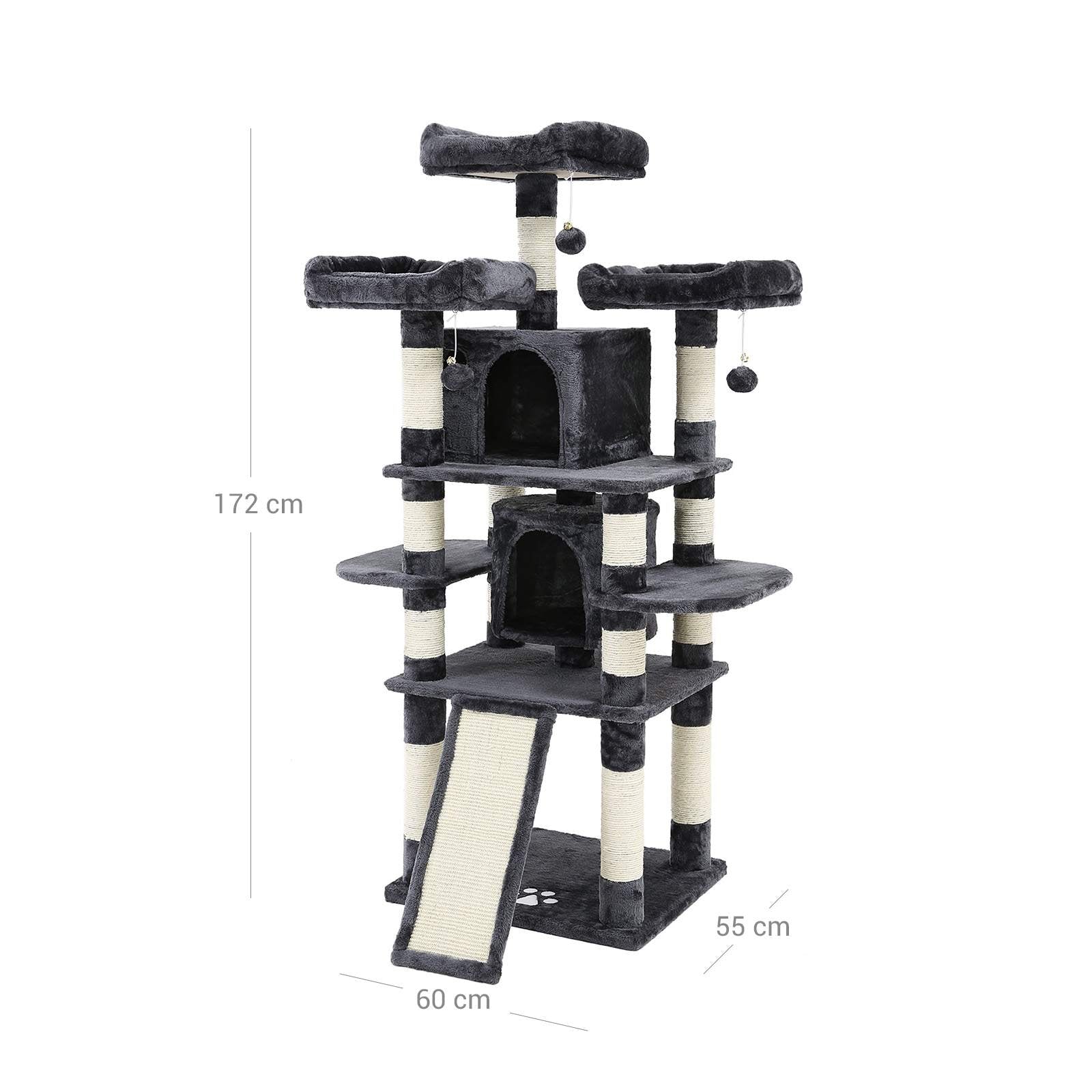 Cat Tree – Wood – Smoky Grey – 3 Viewing Perches, 2 Cuddly Caves, Thick Sisal Posts