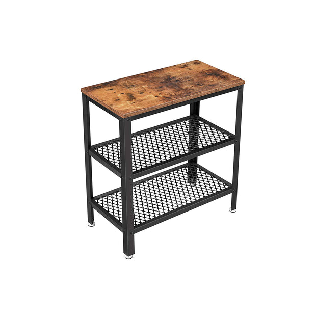 Side Table – Metal and Wood – Rustic Brown – Double Mesh Shelves, Space Saving Design