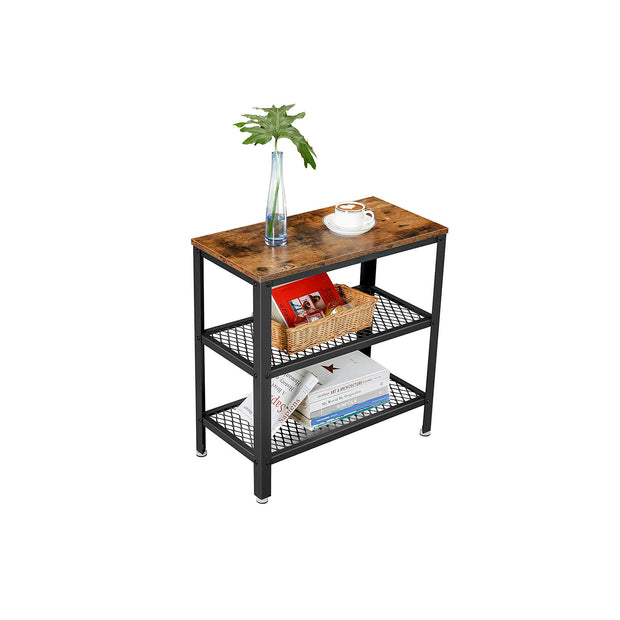 Side Table – Metal and Wood – Rustic Brown – Double Mesh Shelves, Space Saving Design