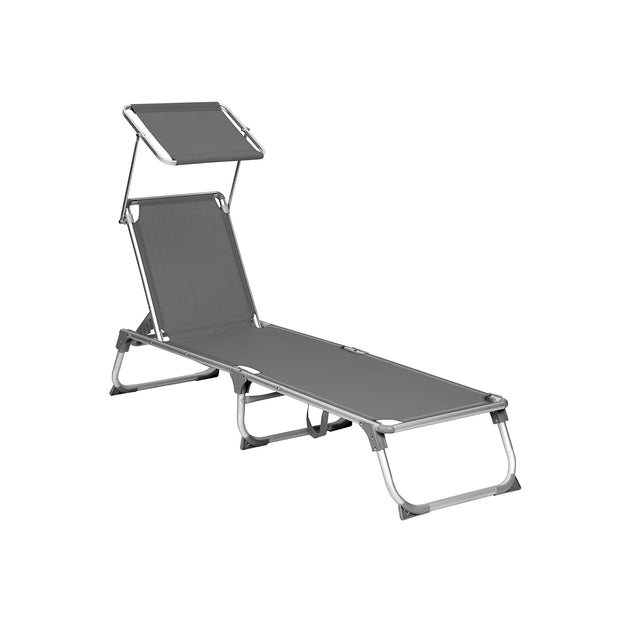 Sun Lounger – Fabric – Dark Grey – Adjustable Backrest with Headrest and Sunshade