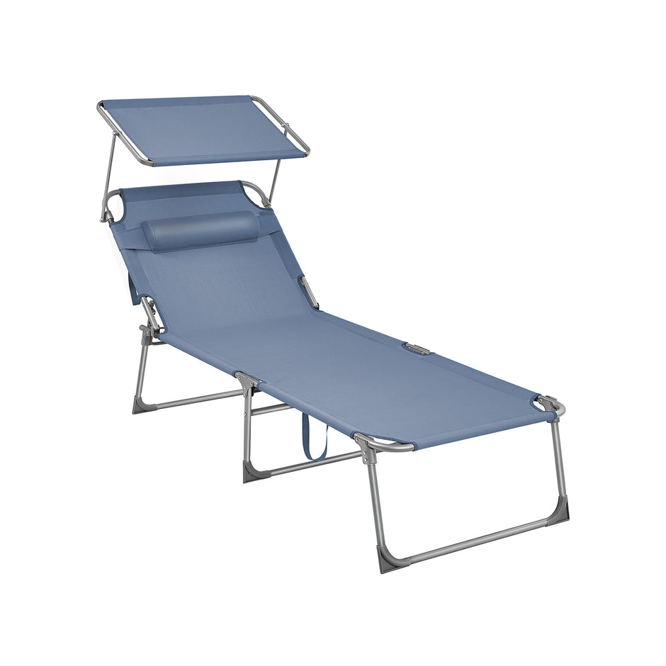 Folding Sun Lounger – Fabric – Misty Blue – Adjustable Backrest with Sunshade
