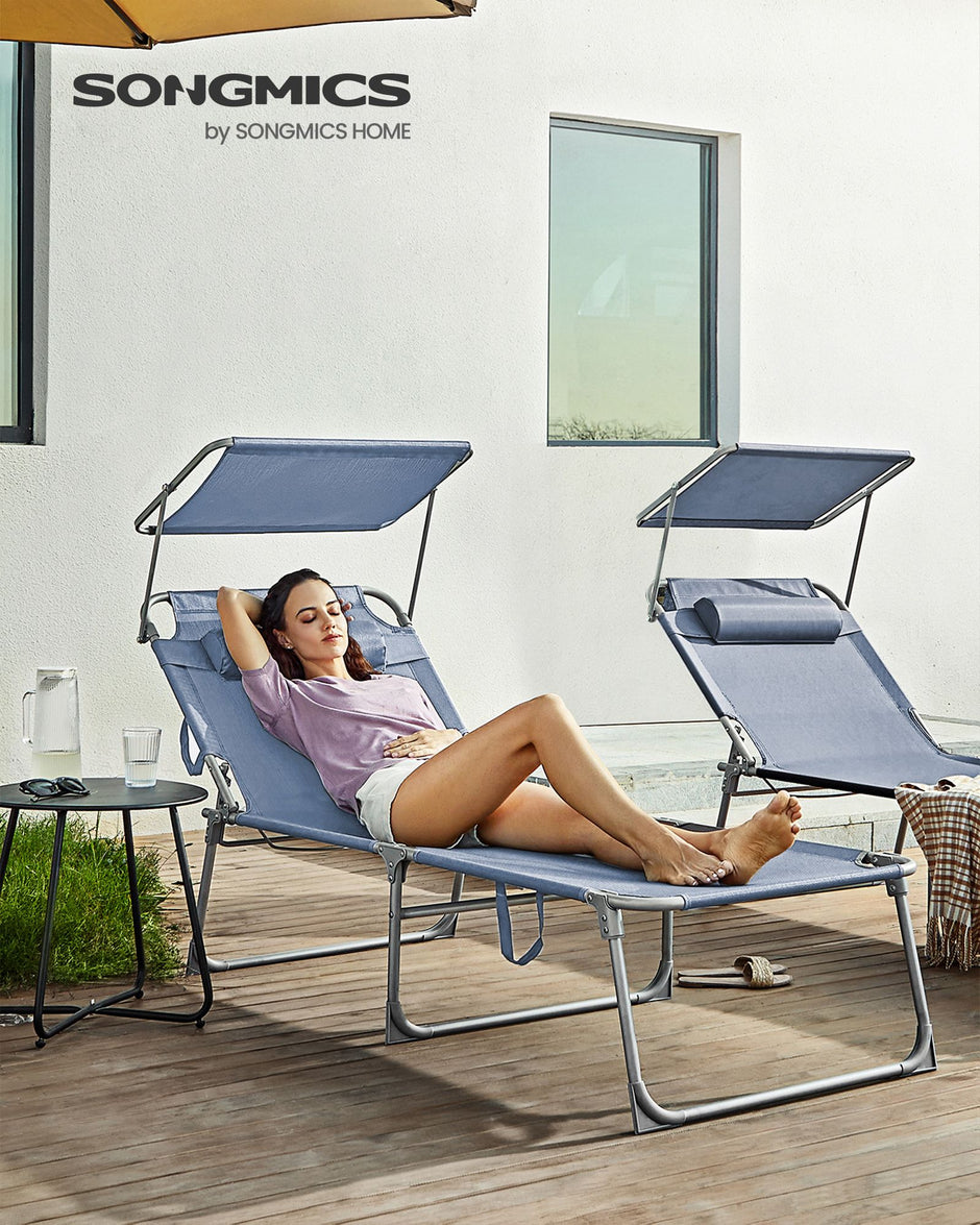 Folding Sun Lounger – Fabric – Misty Blue – Adjustable Backrest with Sunshade