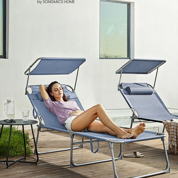 Folding Sun Lounger – Fabric – Misty Blue – Adjustable Backrest with Sunshade