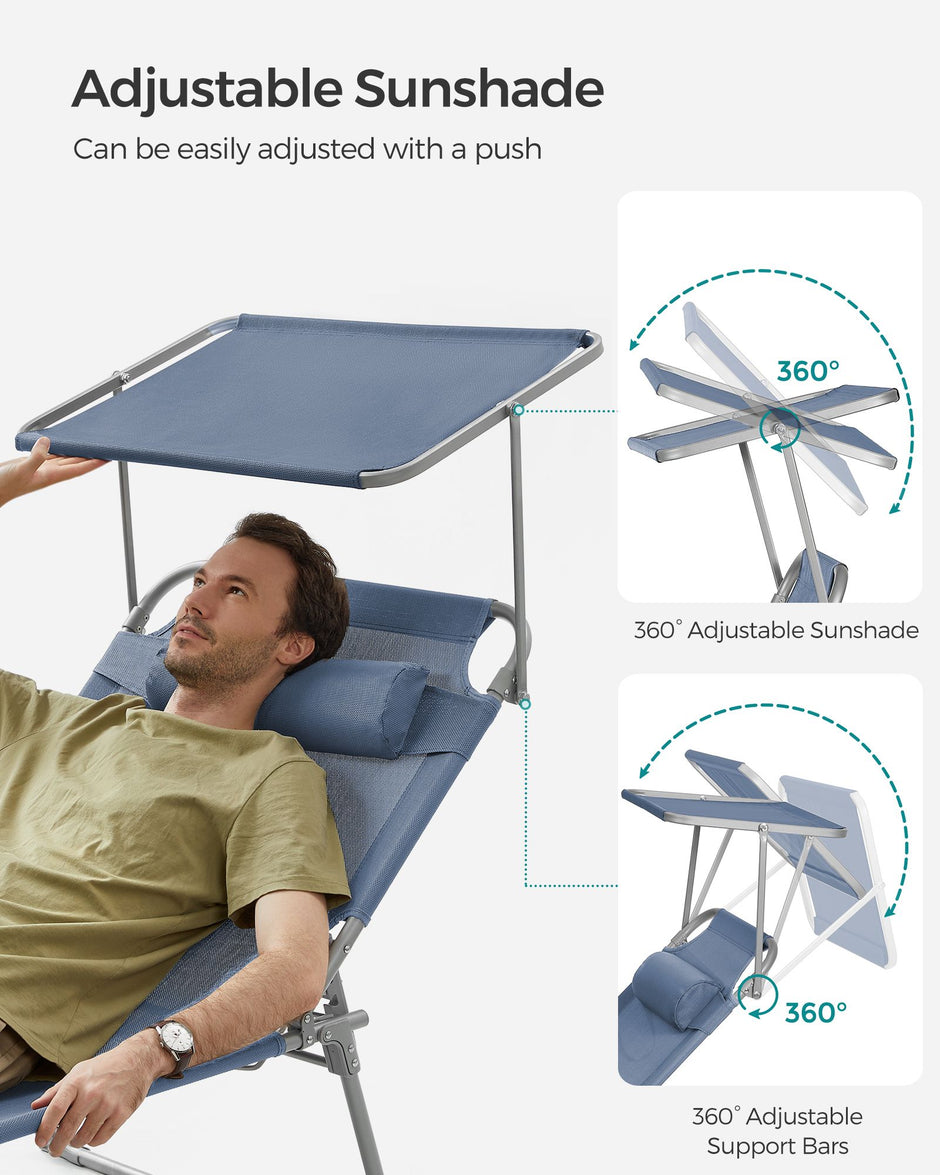 Folding Sun Lounger – Fabric – Misty Blue – Adjustable Backrest with Sunshade