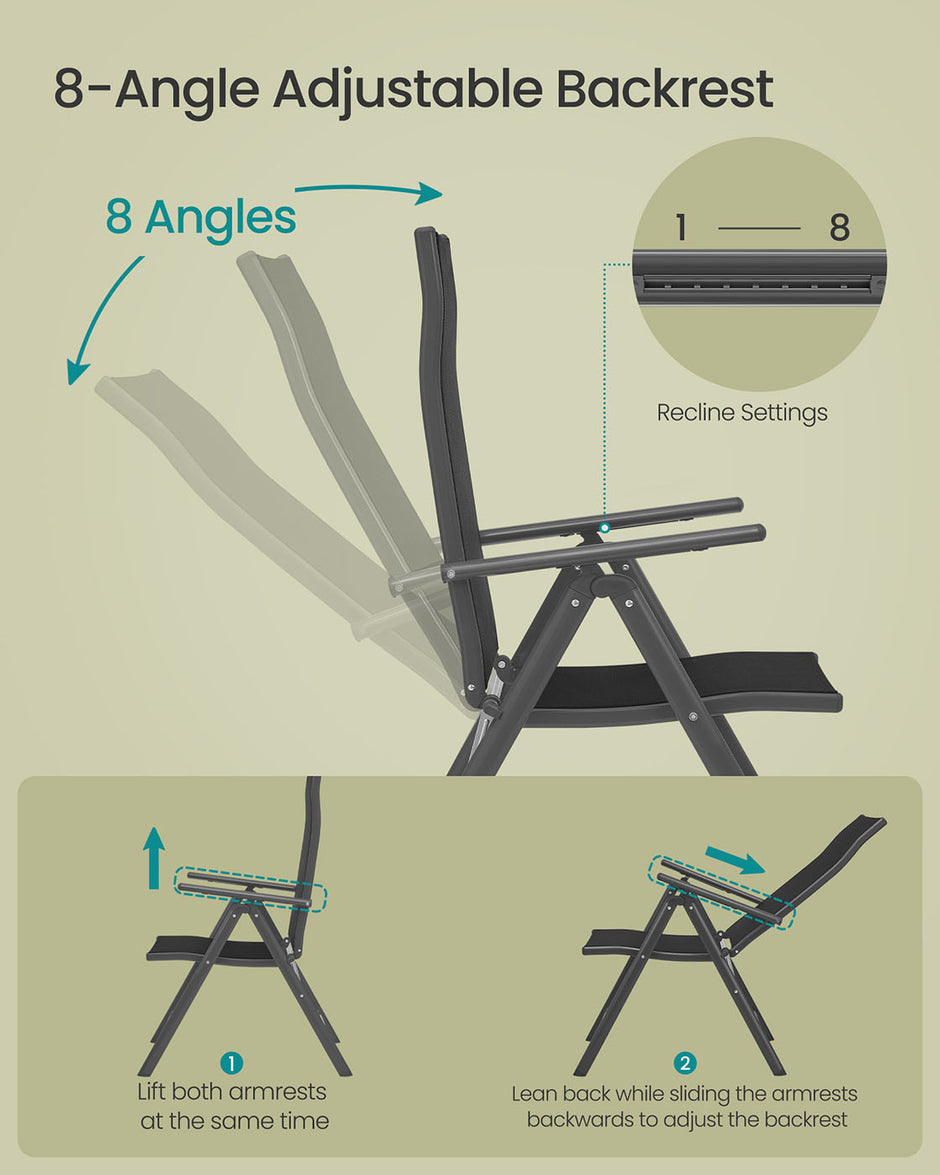 Folding Garden Chair – Durable Aluminum – Grey – 8-Angle Reclining Backrest, Max. Capacity 150 kg