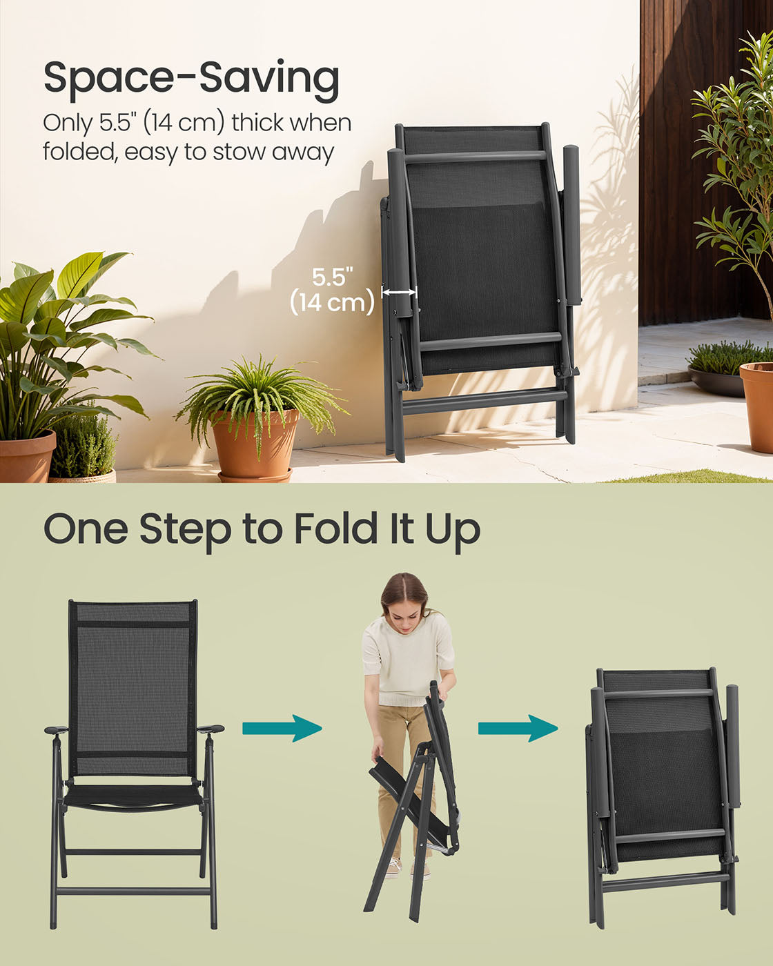 Folding Garden Chair – Durable Aluminum – Grey – 8-Angle Reclining Backrest, Max. Capacity 150 kg