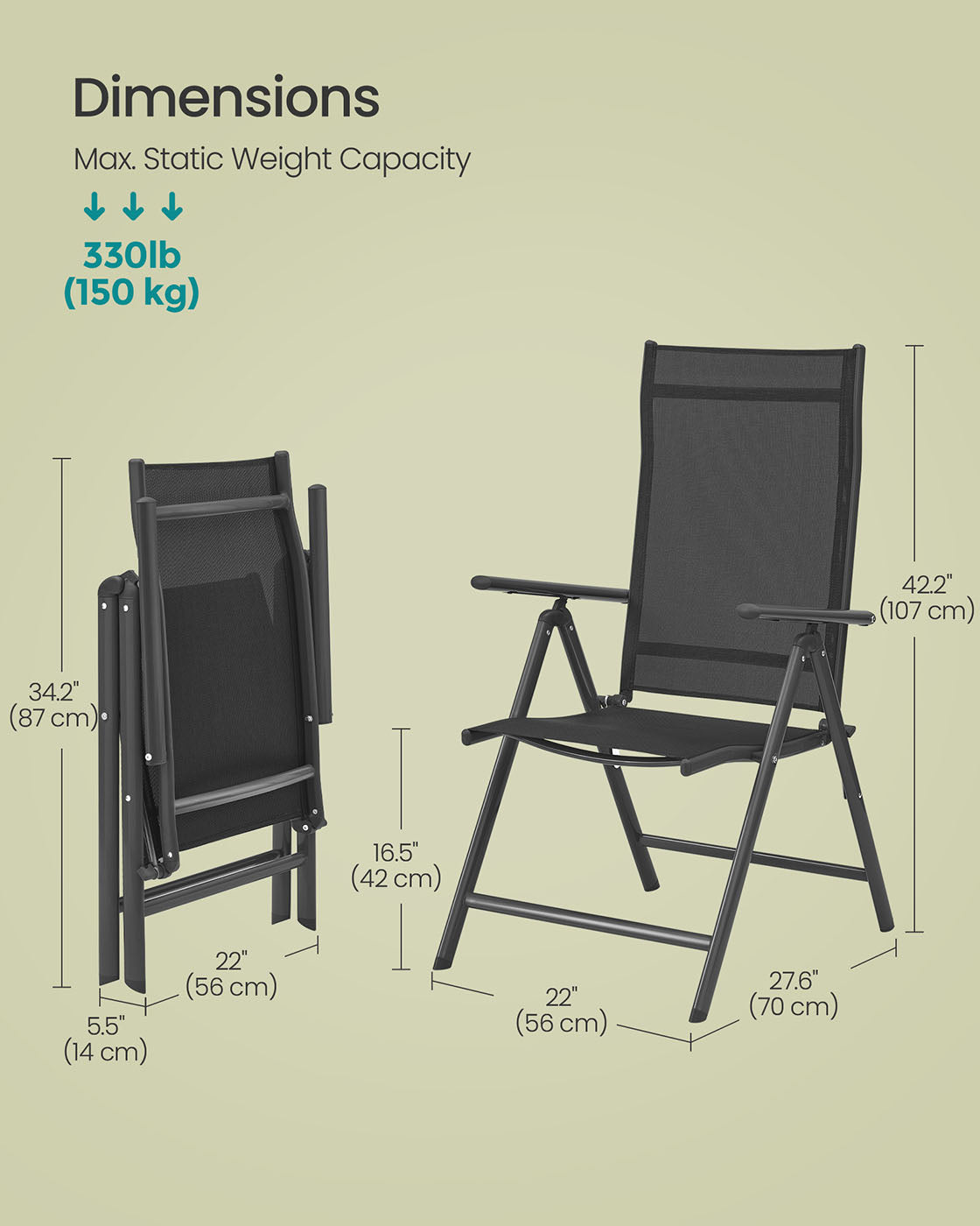 Folding Garden Chair – Durable Aluminum – Grey – 8-Angle Reclining Backrest, Max. Capacity 150 kg
