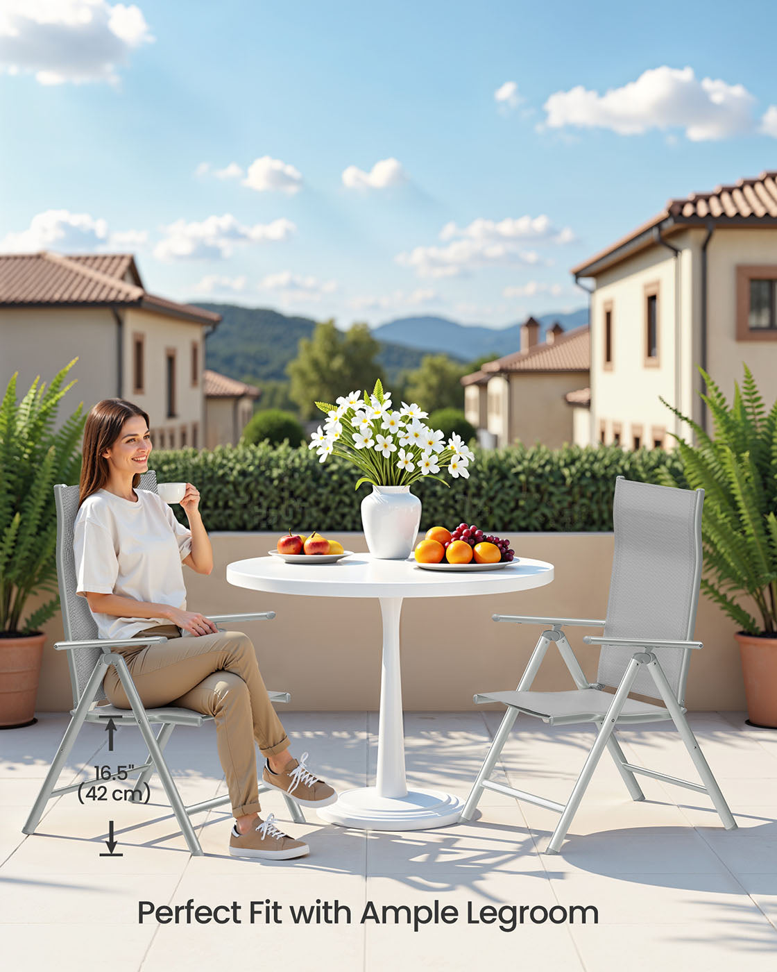 Folding Garden Chair – Aluminum – Grey – 8-Angle Reclining Backrest, Max Capacity 150 kg
