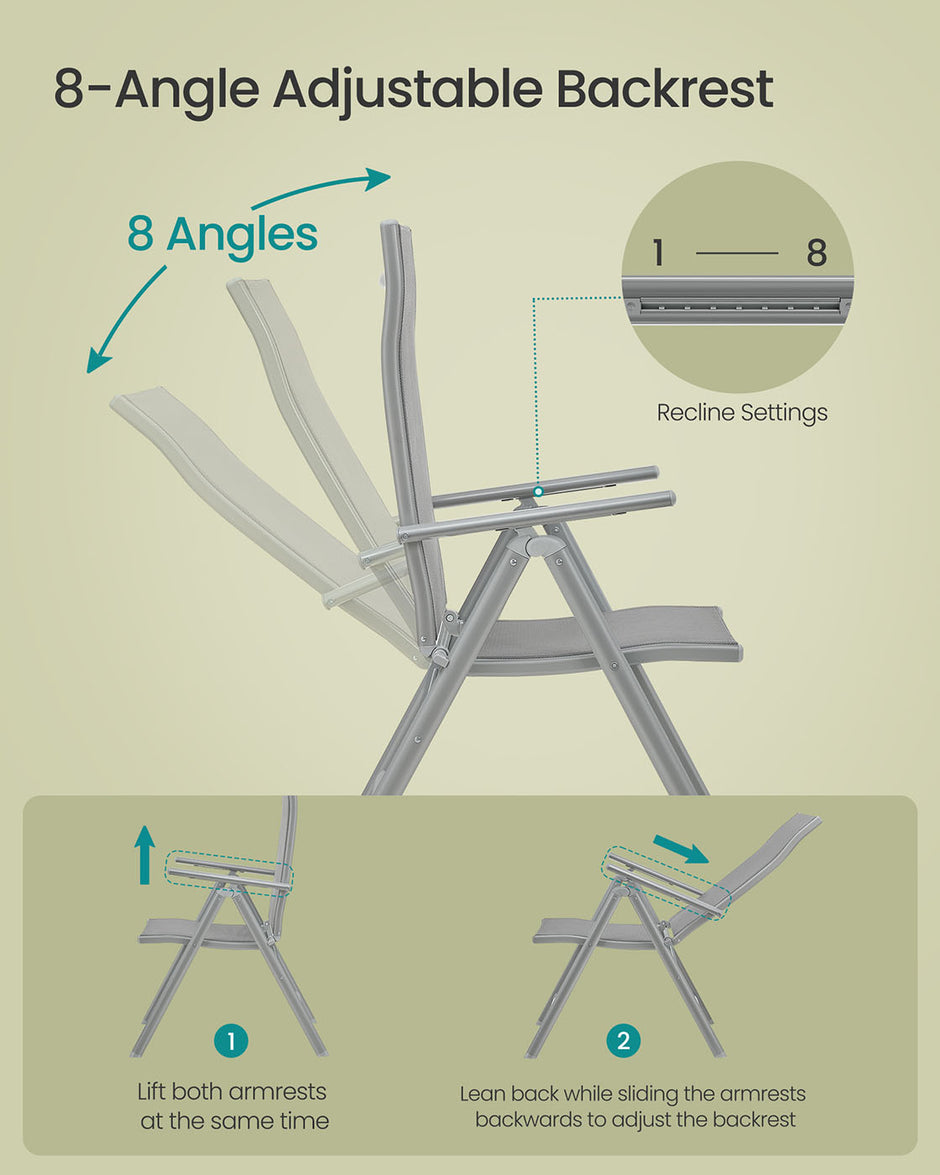 Folding Garden Chair – Aluminum – Grey – 8-Angle Reclining Backrest, Max Capacity 150 kg