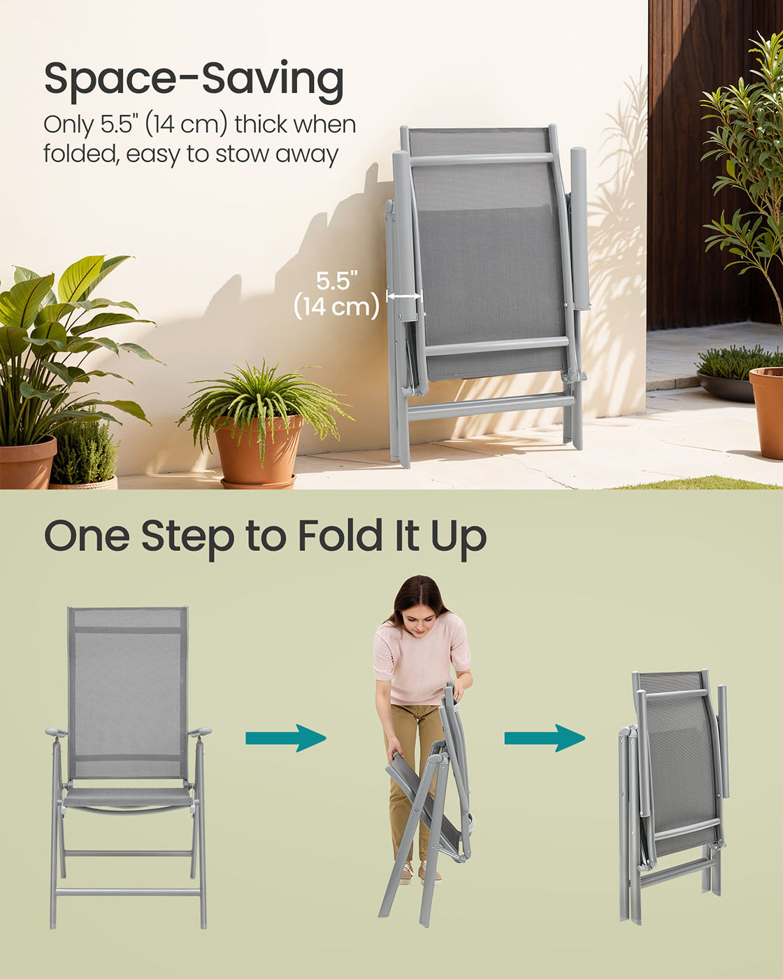 Folding Garden Chair – Aluminum – Grey – 8-Angle Reclining Backrest, Max Capacity 150 kg