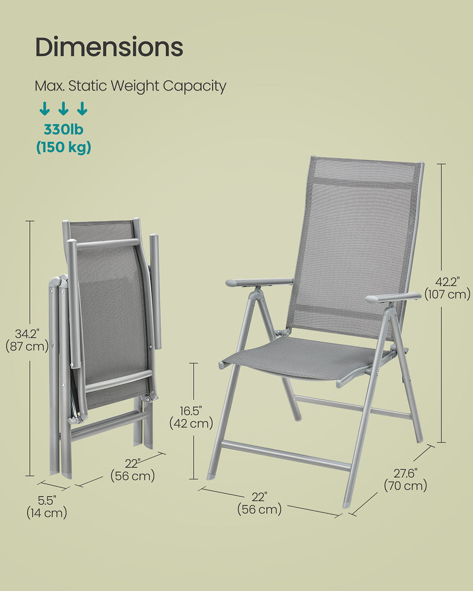Folding Garden Chair – Aluminum – Grey – 8-Angle Reclining Backrest, Max Capacity 150 kg