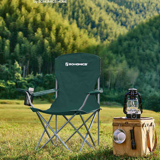 Set of 2 Foldable Camping Chairs – Sturdy Metal Frame – Black – Comfortable with Bottle Holder