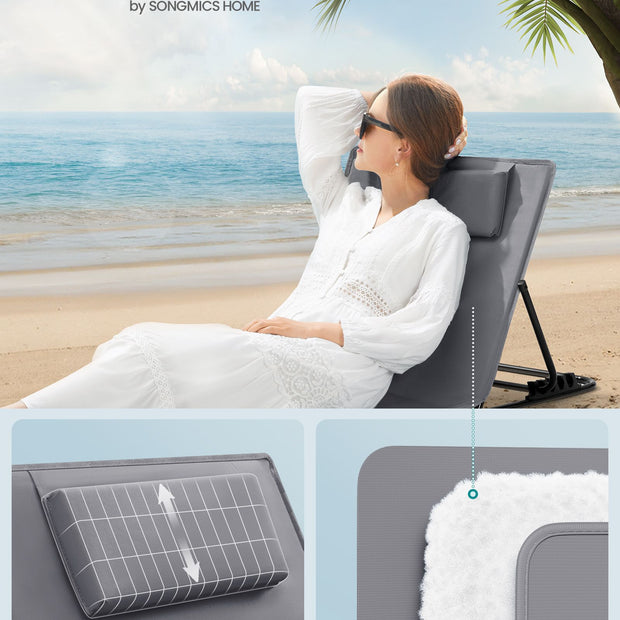 Folding Beach Sunlounger – Lightweight Fabric – Slate Grey – Portable with Reclining Backrest and Handle