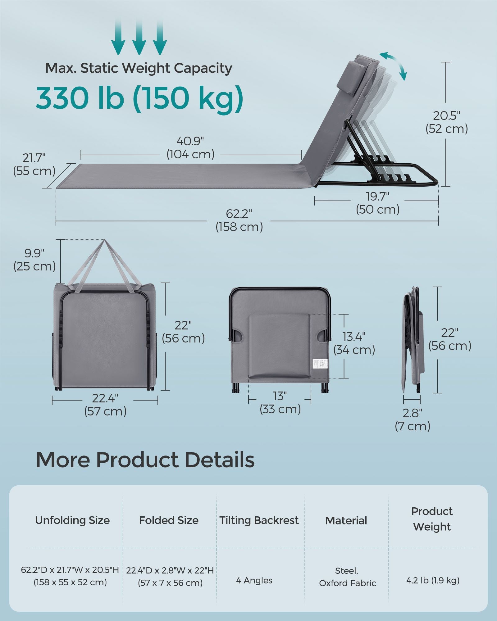 Folding Beach Sunlounger – Lightweight Fabric – Slate Grey – Portable with Reclining Backrest and Handle