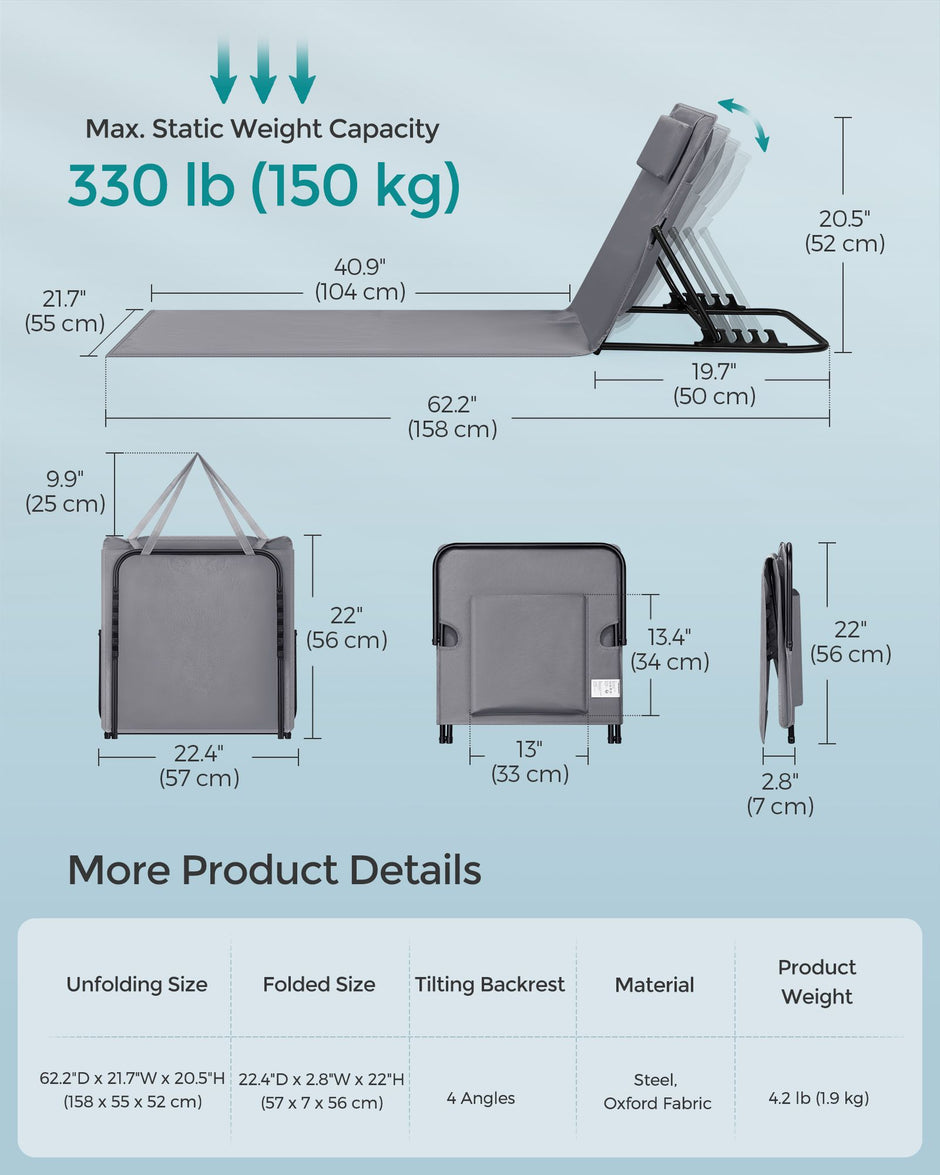 Folding Beach Sunlounger – Lightweight Fabric – Slate Grey – Portable with Reclining Backrest and Handle