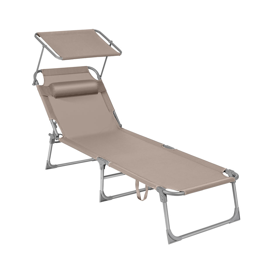 Sun Lounger – Metal and Fabric – Taupe – Adjustable Backrest with Headrest and Sunshade