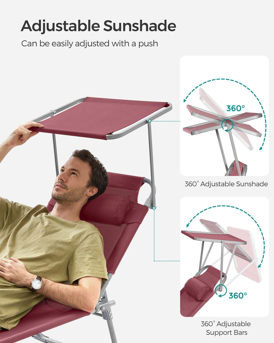 Sun Lounger – Metal and Fabric – Taupe – Adjustable Backrest with Headrest and Sunshade