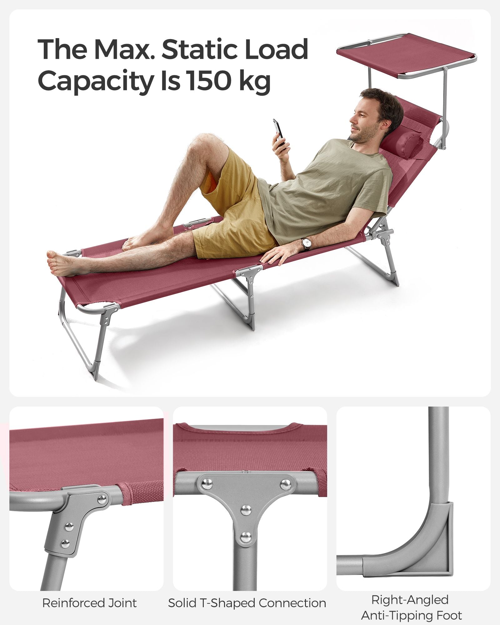 Sun Lounger – Metal and Fabric – Taupe – Adjustable Backrest with Headrest and Sunshade