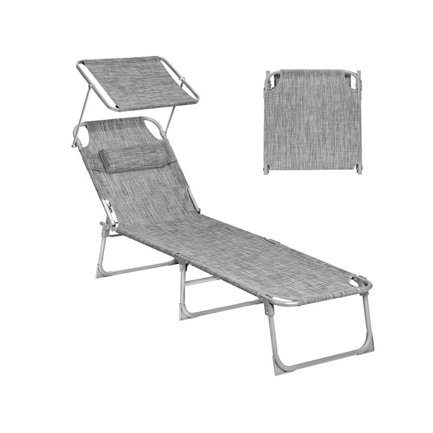 Sun Lounger – Fabric – Dark Grey – Adjustable Backrest with Headrest and Sunshade