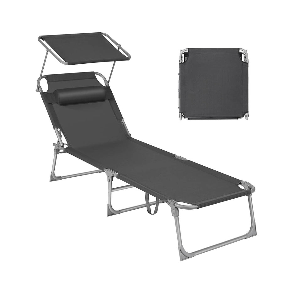 Sun Lounger – Fabric – Dark Grey – Adjustable Backrest with Headrest and Sunshade