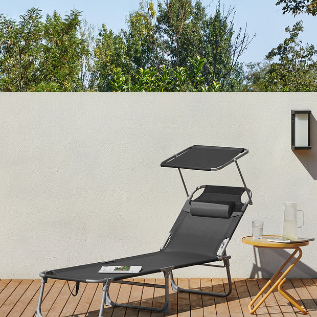 Sun Lounger – Fabric – Dark Grey – Adjustable Backrest with Headrest and Sunshade