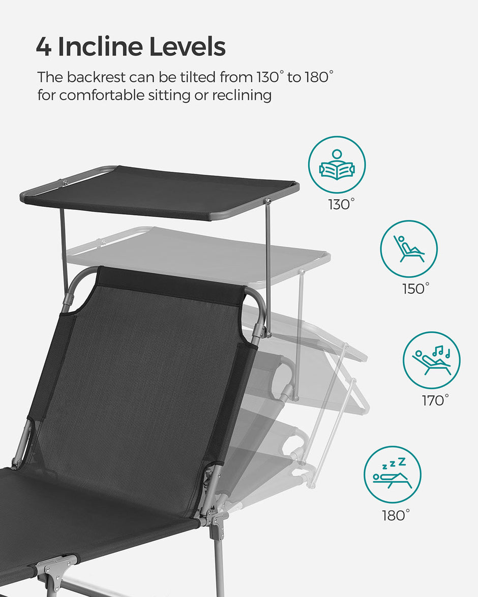 Sun Lounger – Fabric – Dark Grey – Adjustable Backrest with Headrest and Sunshade