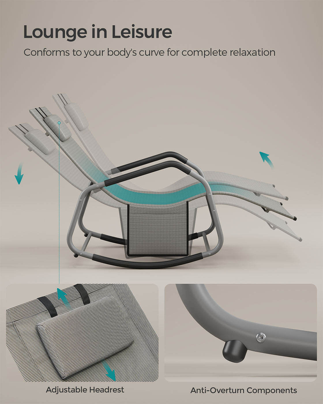 Outdoor Lounger Recliner – Steel Frame – Dove Grey – Adjustable Headrest with Anti-Tipping Stops