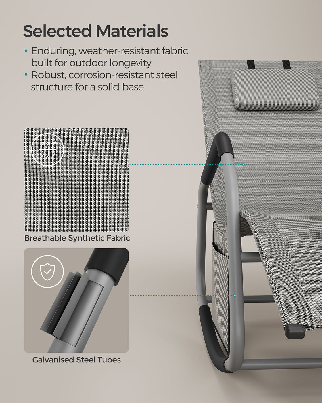 Outdoor Lounger Recliner – Steel Frame – Dove Grey – Adjustable Headrest with Anti-Tipping Stops