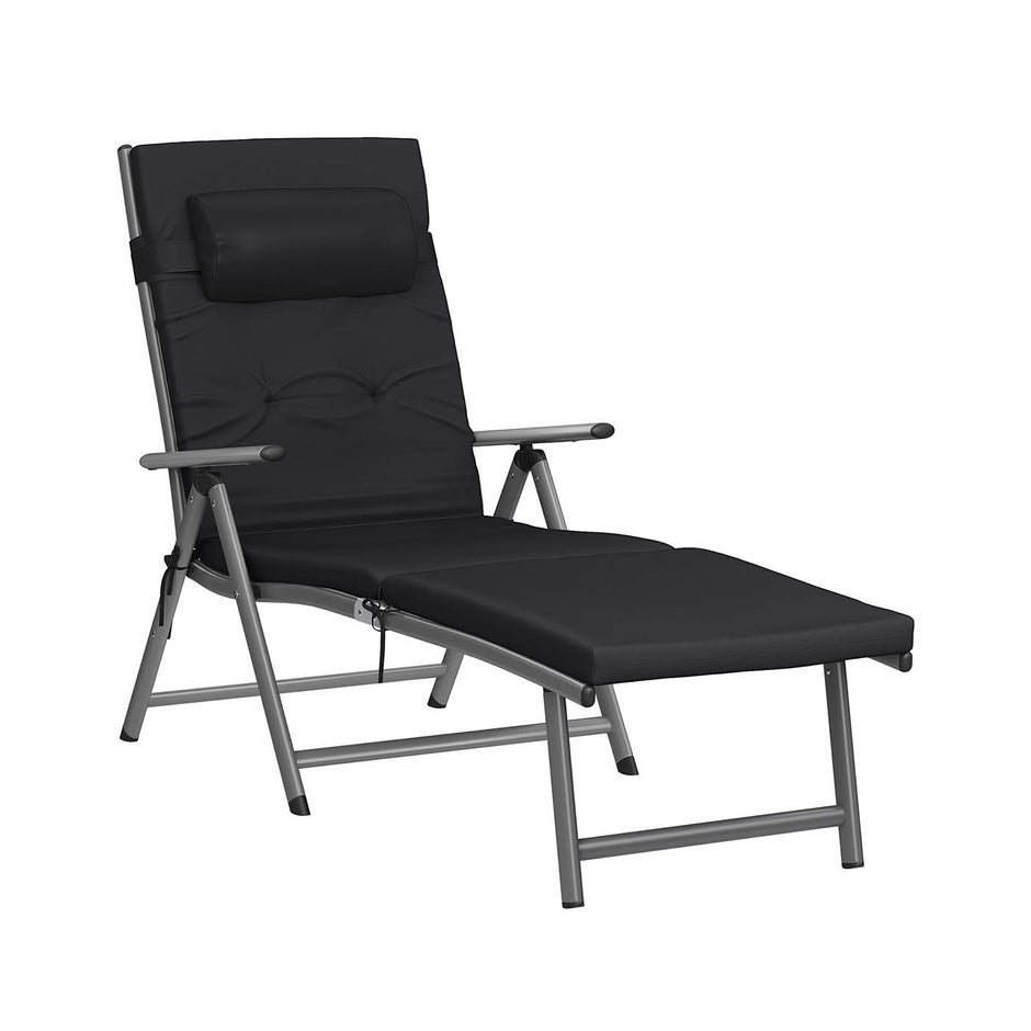 Sun Lounger – Aluminium – Black – Removable Headrest, Foldable, Reclinable, 6 cm Mattress