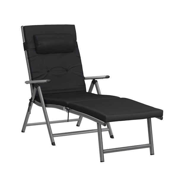 Sun Lounger – Aluminium – Black – Removable Headrest, Foldable, Reclinable, 6 cm Mattress