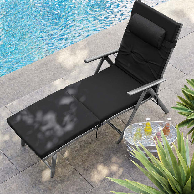 Sun Lounger – Aluminium – Black – Removable Headrest, Foldable, Reclinable, 6 cm Mattress