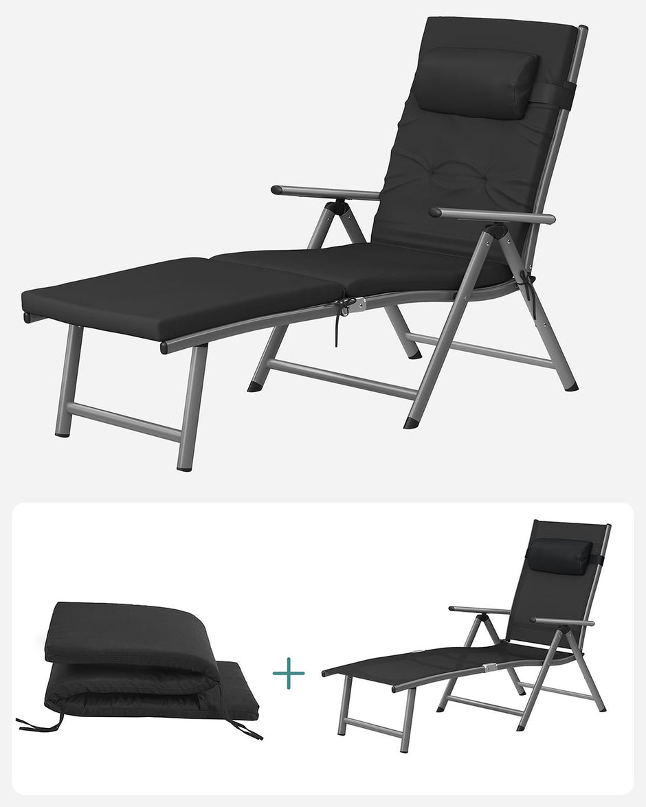 Sun Lounger – Aluminium – Black – Removable Headrest, Foldable, Reclinable, 6 cm Mattress