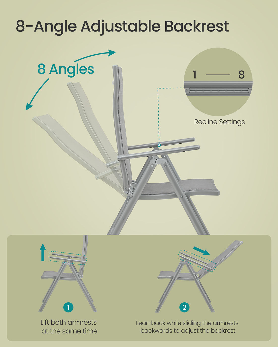 Set of 2 Folding Garden Chairs – Aluminium – Grey – Heavy Duty with 8-Angle Reclining Backrest