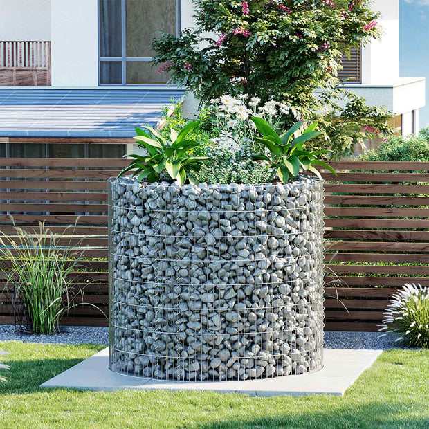 Tall Round Gabion Planter – Galvanised Steel – Silver – Rust-Resistant Decorative Garden Feature