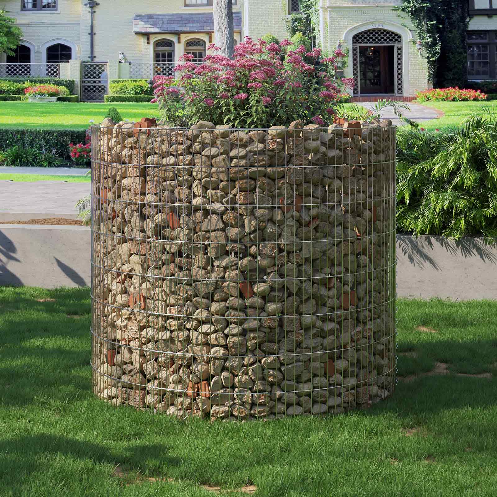 Tall Round Gabion Planter – Galvanised Steel – Silver – Rust-Resistant Decorative Garden Feature