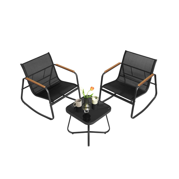 Patio Furniture Set – Steel – Ink Black – Includes 2 Rocking Chairs and Table with Armrests and Breathable Synthetic Fabric