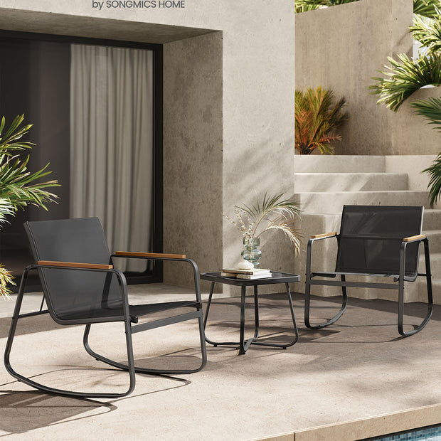 Patio Furniture Set – Steel – Ink Black – Includes 2 Rocking Chairs and Table with Armrests and Breathable Synthetic Fabric