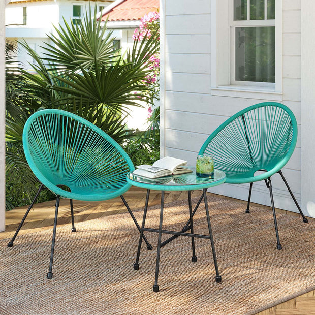 3-Piece Garden Patio Furniture Set – Rattan – White – Includes 2 Acapulco Chairs and Glass Top Table