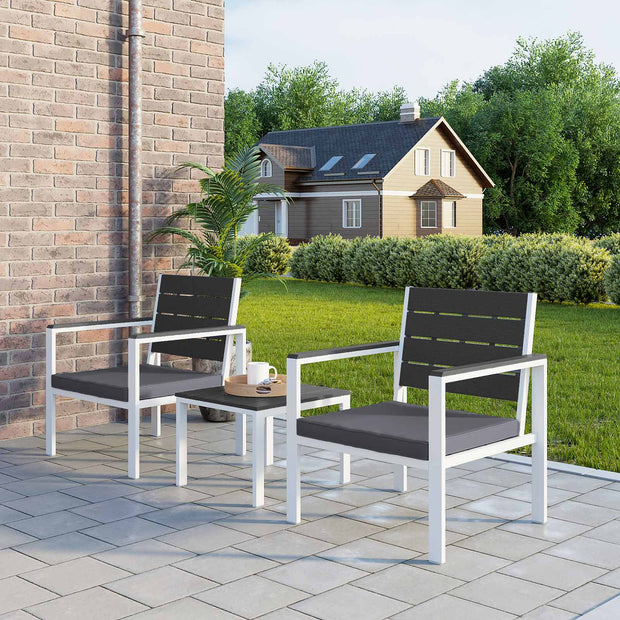 Patio Furniture Set – Iron – Grey & White – Includes 2 Chairs, 1 Side Table, and Cushions