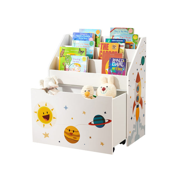 Toy Organiser – Wood – White – Mobile with Removable Storage Box and 3 Shelves