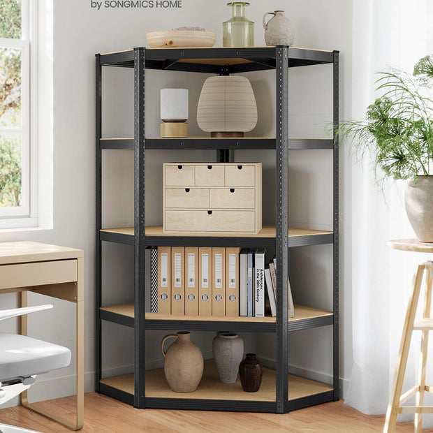 5-Tier Corner Shelf – Heavy Duty Metal – Ink Black and Natural Beige – 875 kg Load Capacity