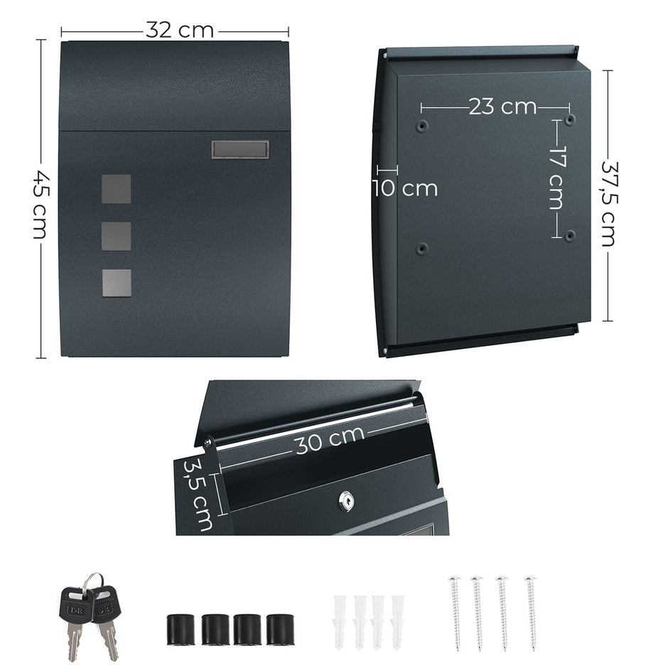 Wall-Mounted Mailbox – Metal – Anthracite Grey – Lockable with Viewing Window and Nameplate