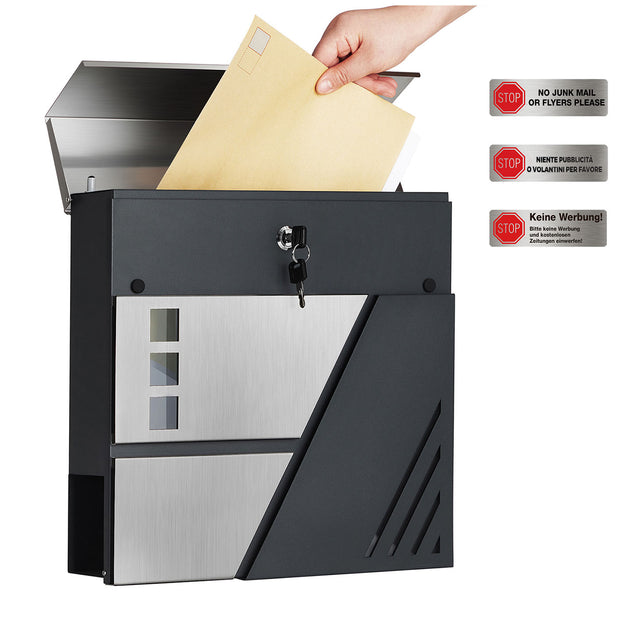 Large Wall-Mounted Locking Mailbox – Stainless Steel – Silver and Anthracite Grey – with Viewing Windows and Keys