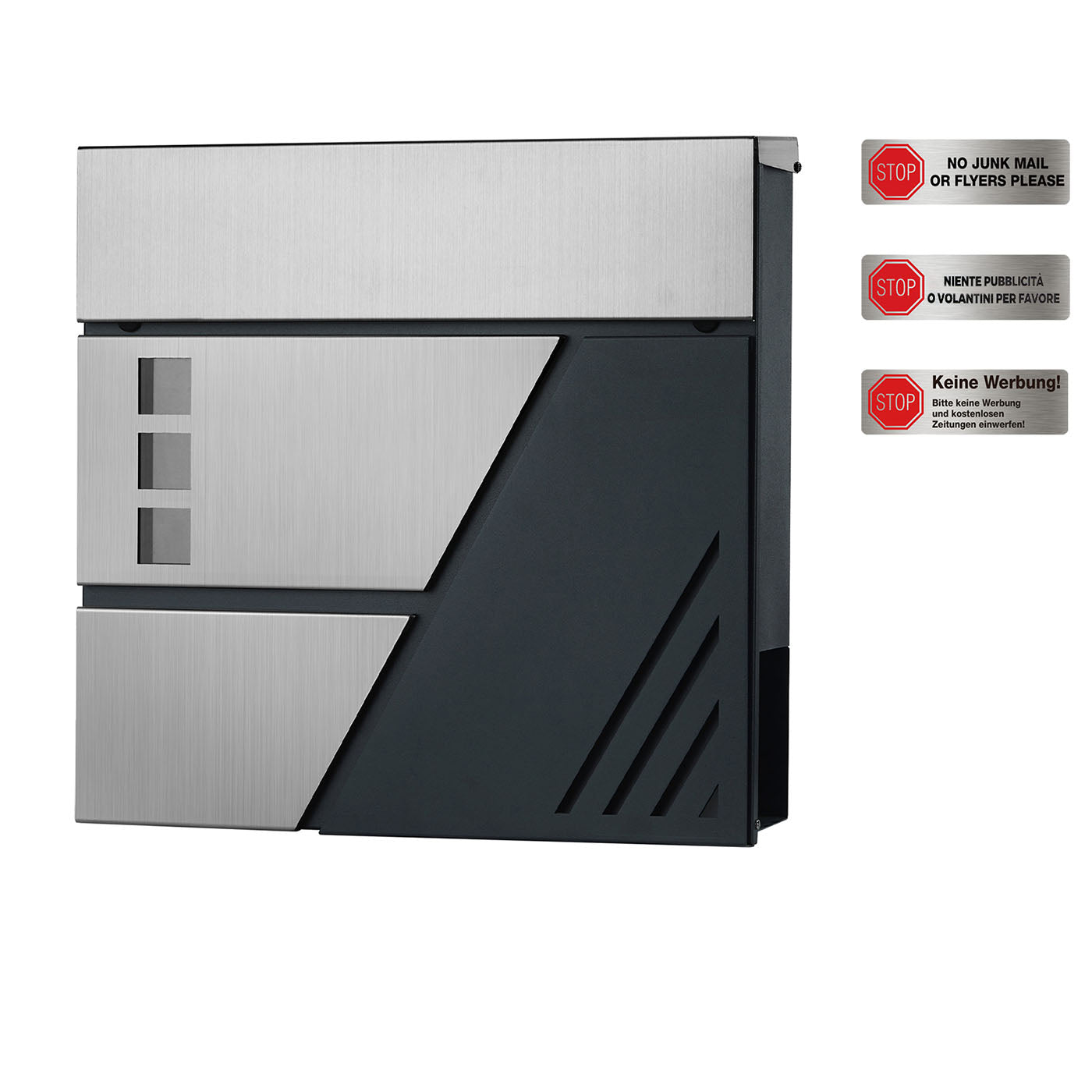 Large Wall-Mounted Locking Mailbox – Stainless Steel – Silver and Anthracite Grey – with Viewing Windows and Keys