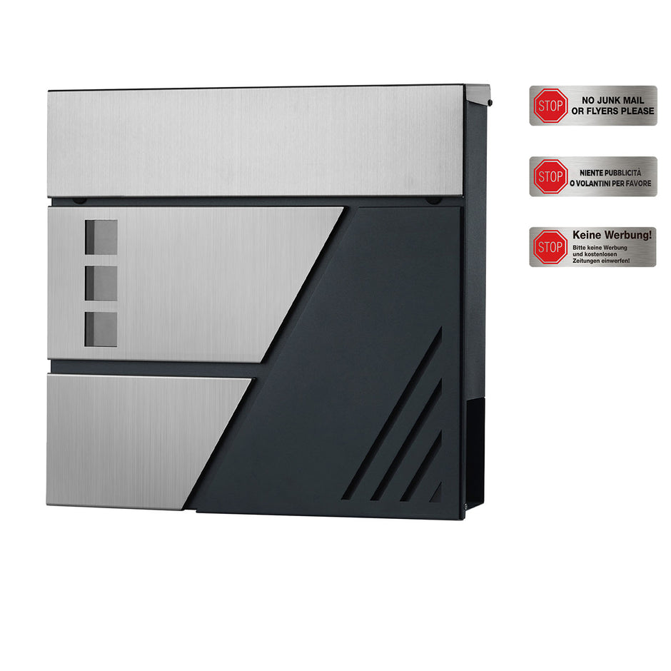 Large Wall-Mounted Locking Mailbox – Stainless Steel – Silver and Anthracite Grey – with Viewing Windows and Keys