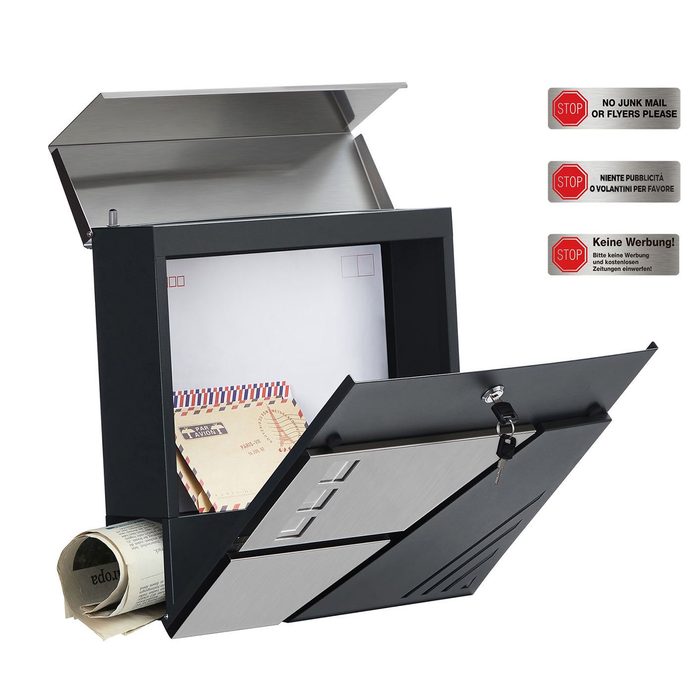 Large Wall-Mounted Locking Mailbox – Stainless Steel – Silver and Anthracite Grey – with Viewing Windows and Keys