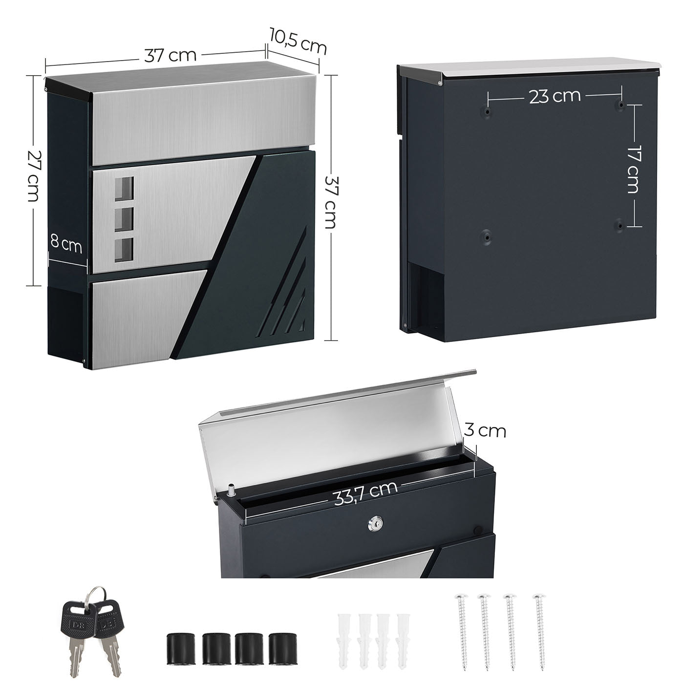 Large Wall-Mounted Locking Mailbox – Stainless Steel – Silver and Anthracite Grey – with Viewing Windows and Keys