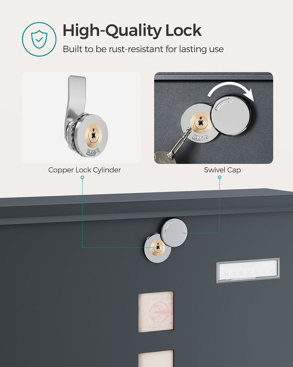 Wall-Mounted Mailbox – Metal – Anthracite Grey – Capped Lock with Copper Core and Newspaper Holder