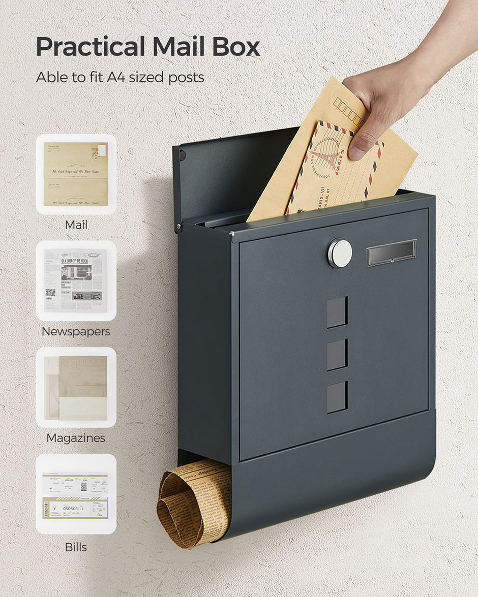 Wall-Mounted Mailbox – Metal – Anthracite Grey – Capped Lock with Copper Core and Newspaper Holder